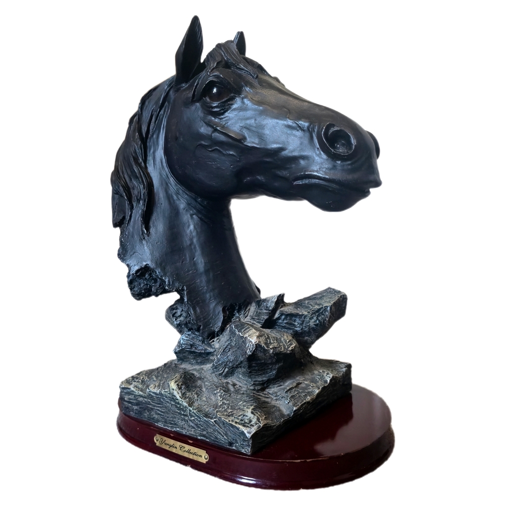 Black Horse Head Bust Sculpture on Wood Base - Decorative Home Art 12" Tall - Picture 9 of 10